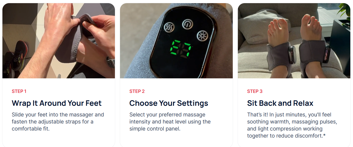 Step‑by‑step usage of EMSense foot massager with user pressing buttons